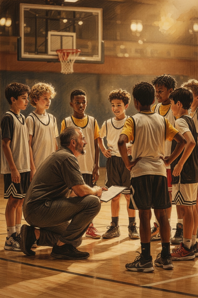 Coach crouched at eye level with a circle of youth basketball players in a warm gym