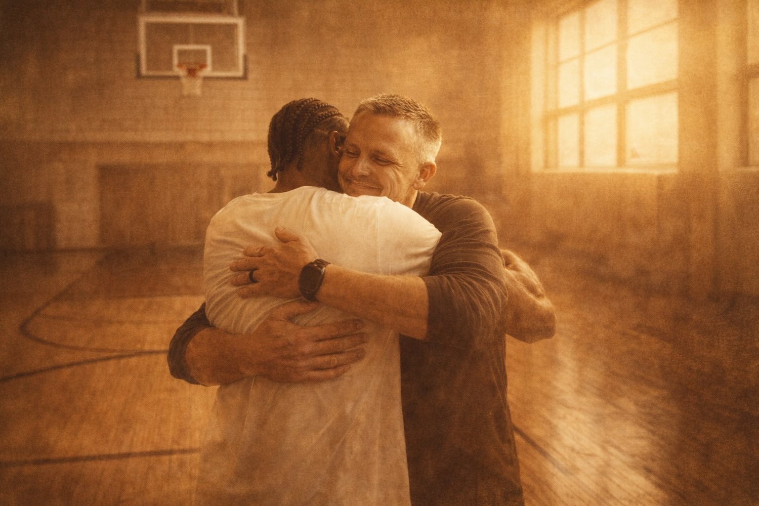Basketball coach embracing a former player now playing professionally -- reflecting a strong coach-player relationship.