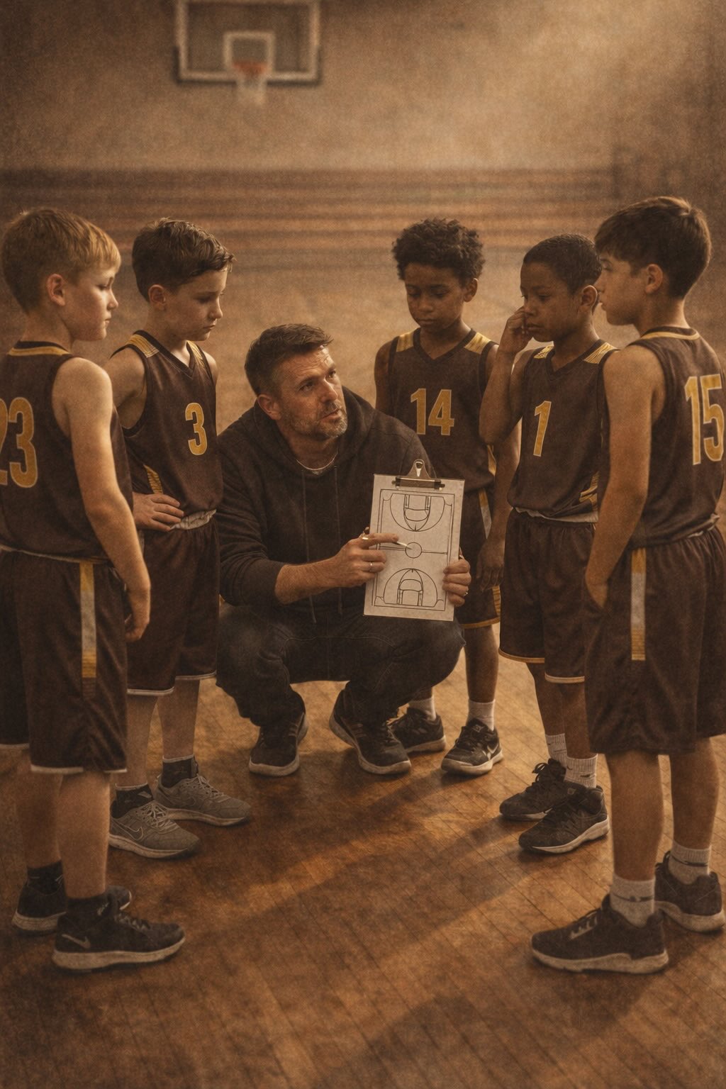 Youth basketball coach engaged with a circle of grade school players during practice.