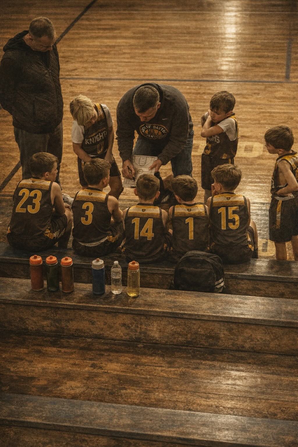 Youth basketball coach standing with players during a team huddle during a game.
