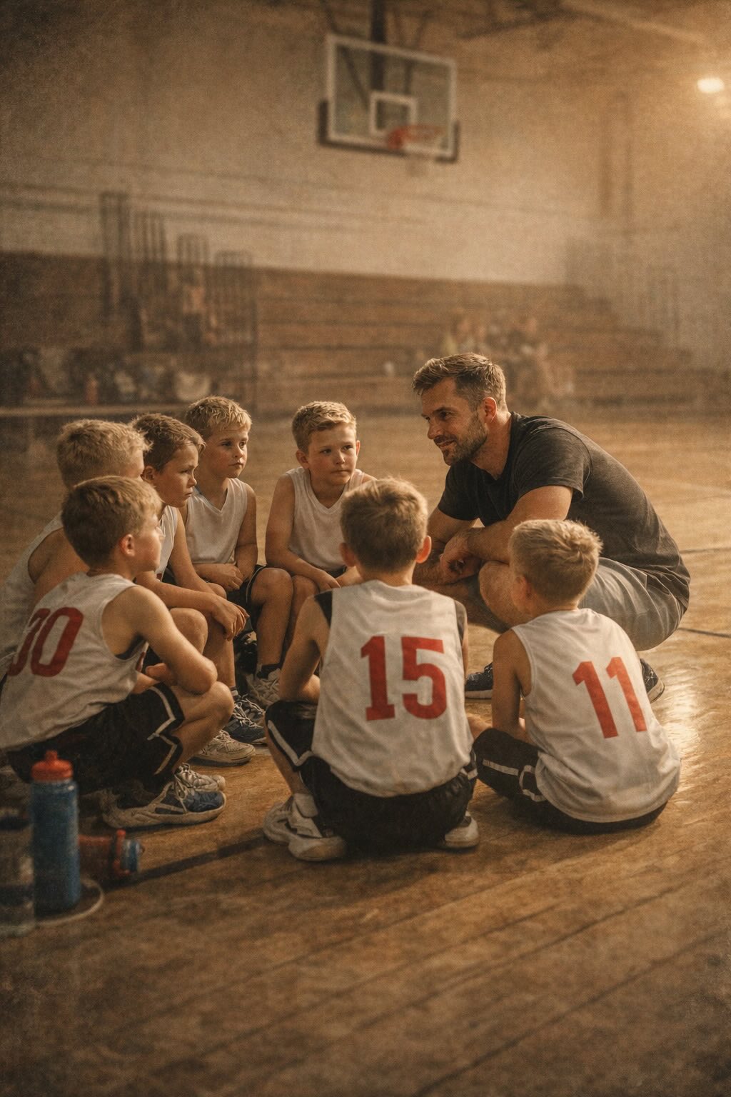 Youth basketball coach crouched in a practice huddle with a youth basketball team in a gym.